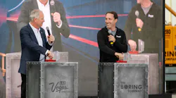 LVCVA CEO Steve Hill, left, and Boring Company President Steve Davis turn the start keys as The Boring Company and Las Vegas Convention and Visitors Authority mark the start of tunneling for the The Boring Company’s people mover at the Las Vegas Convention Center on Friday, Nov. 15, 2019.