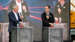 LVCVA CEO Steve Hill, left, and Boring Company President Steve Davis turn the start keys as The Boring Company and Las Vegas Convention and Visitors Authority mark the start of tunneling for the The Boring Company’s people mover at the Las Vegas Convention Center on Friday, Nov. 15, 2019. LVCVA CEO Steve Hill, left, and Boring Company President Steve Davis turn the start keys as The Boring Company and Las Vegas Convention and Visitors Authority mark the start of tunneling for the The Boring Company’s people mover at the Las Vegas Convention Center on Friday, Nov. 15, 2019.