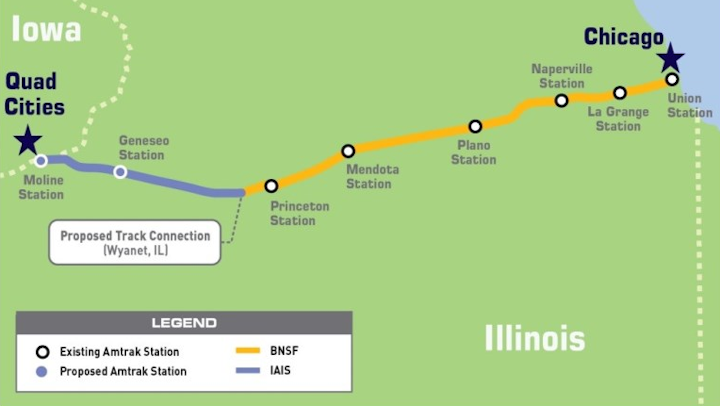 A map of the proposed route between Chicago and the Quad Cities.
