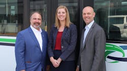 Left to right: Paul Comfort, Erinn Pinkerton and Brent Ritchie, Trapeze Transit executive, at BC Transit. Left to right: Paul Comfort, Erinn Pinkerton and Brent Ritchie, Trapeze Transit executive, at BC Transit.