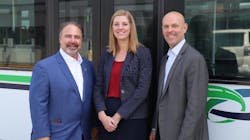 Left to right: Paul Comfort, Erinn Pinkerton and Brent Ritchie, Trapeze Transit executive, at BC Transit.
