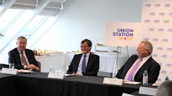 Left to right: GTAA Chair of the Board of Directors Doug Allingham, GTAA President and CEO Howard Eng and Ontario Premier Doug Ford discuss Union Station West.