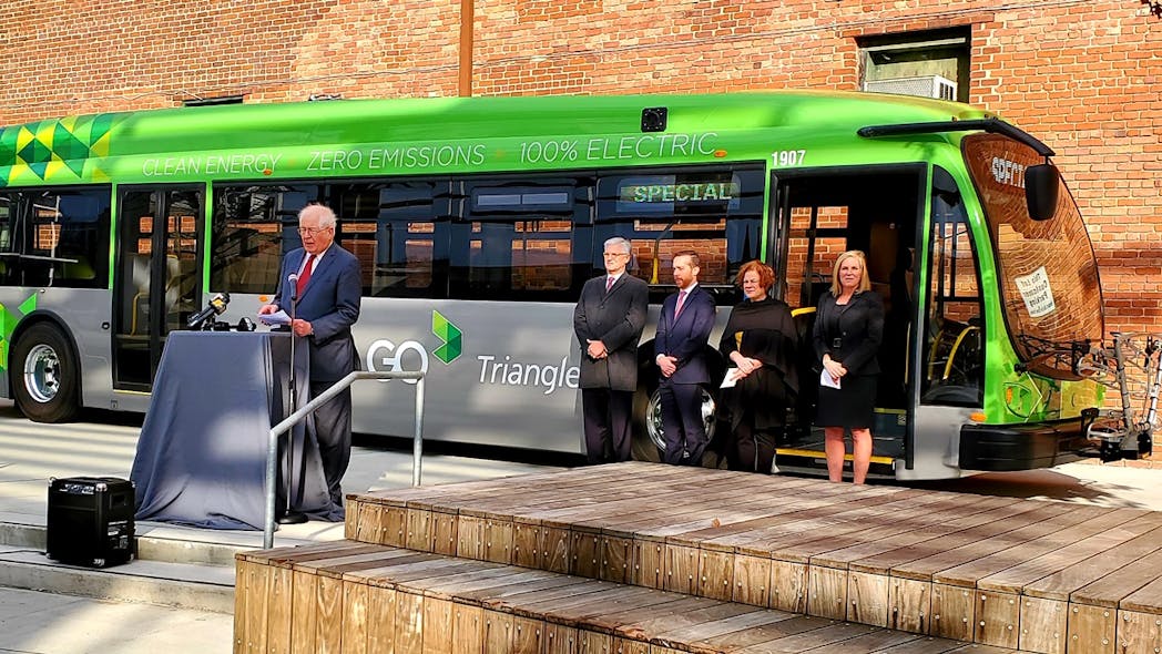 U.S. Rep. David Price speaks at a ceremony at Raleigh Union Station to debut GoTriangle&apos;s new electric buses.