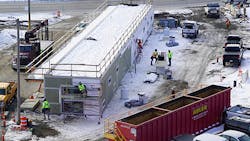 Crews complete waterproofing and roofing for the temporary bus shelter at SouthWest Station. Crews complete waterproofing and roofing for the temporary bus shelter at SouthWest Station.