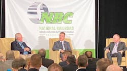 Canadian Pacific CEO Keith Creel (center) responded to questions posed by Jim Hansen (r), NRC Chairman and Herzog chief commercial officer and Mike Choat (l), the NRC&rsquo;s outgoing chairman and vice president of business development for Railroad Controls Ltd., a Wabtec company, at the NRC 2020 Conference in San Diego in early January.