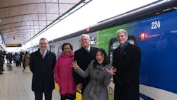 Officials celebrate the new trains beginning service on the Canada Line. Officials celebrate the new trains beginning service on the Canada Line.