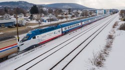 The first of Amtrak&apos;s new Acela trainsets leaves the Alstom facility in Hornell, N.Y., Feb. 17. It will arrive in Pueblo, Colo., to begin testing at the Transportation Technology Center.