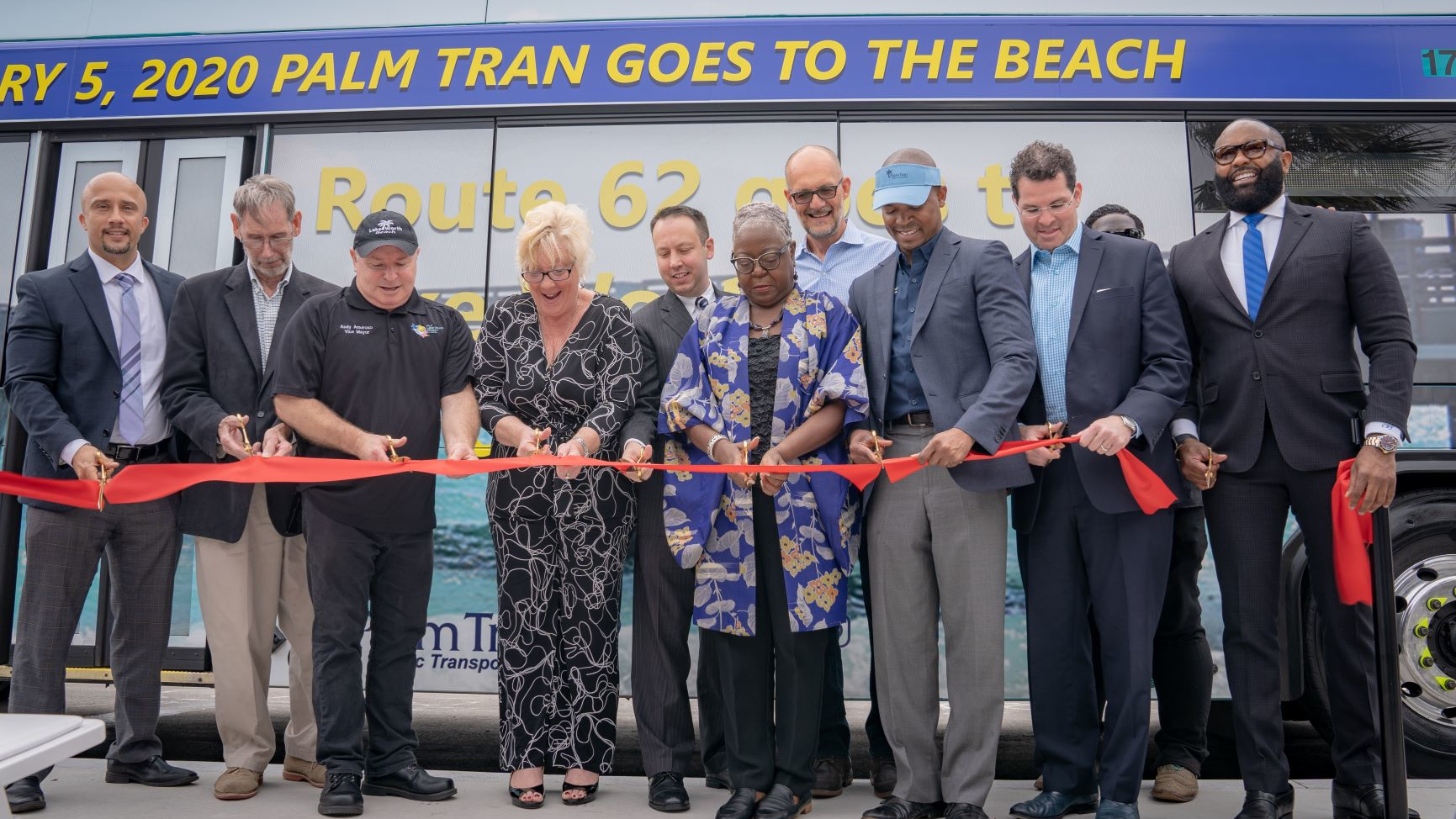 (L-R) Palm Tran Interim Director of Transit Planning Steven Anderson, Lake Worth Beach Commissioner Herman Robinson, Lake Worth Beach Vice-Mayor Andy Amoroso, Lake Worth Beach Mayor Pam Triolo, Palm Beach County Mayor Dave Kerner, County Administrator Verdenia C. Baker, Lake Worth Beach City Manager Michael Bornstein, Commissioner Mack Bernard, Assistant County Administrator Todd J. Bonlarron and Palm Tran Executive Director Clinton B. Forbes.