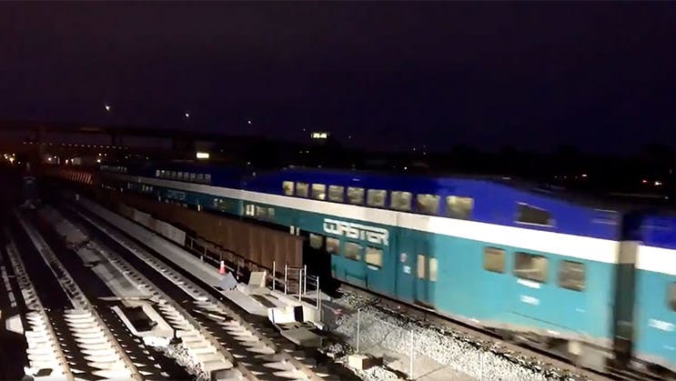 The Coaster 630, seen in this video screengrab, was the first passenger train to travel over the newly completed bridge on Feb. 25.