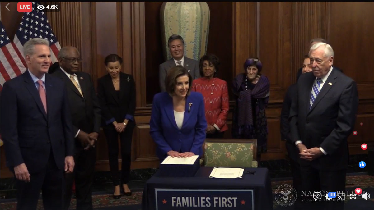 A screen grab from Speaker Nancy Pelosi's Facebook Live stream following the House of Representatives passing the CARES Act on March 27.