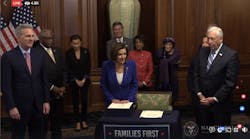 A screen grab from Speaker Nancy Pelosi&apos;s Facebook Live stream following the House of Representatives passing the CARES Act on March 27.