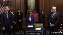 A screen grab from Speaker Nancy Pelosi's Facebook Live stream following the House of Representatives passing the CARES Act on March 27.