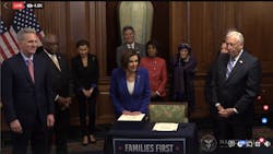 A screen grab from Speaker Nancy Pelosi's Facebook Live stream following the House of Representatives passing the CARES Act on March 27. A screen grab from Speaker Nancy Pelosi's Facebook Live stream following the House of Representatives passing the CARES Act on March 27.