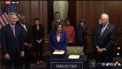 A screen grab from Speaker Nancy Pelosi&apos;s Facebook Live stream following the House of Representatives passing the CARES Act on March 27.