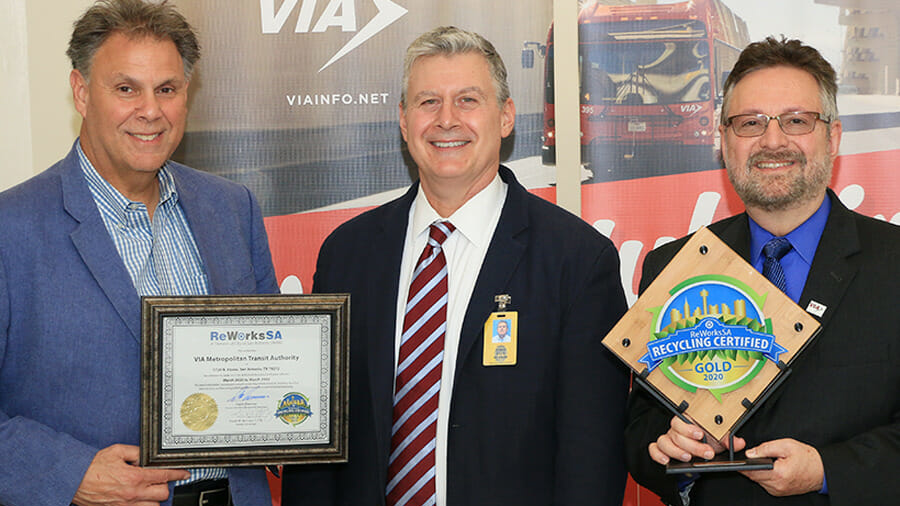 Solid Waste Management Division Manager David Newman (center), presents VIA Vice President of Fleet and Facilities Sam Marra (left) and VIA President and CEO Jeff Arndt, with the Gold ReWorksSA Recycling Certification on March 10, 2020.)