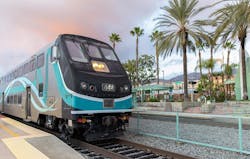 A train waits in the downtown Burbank Station.