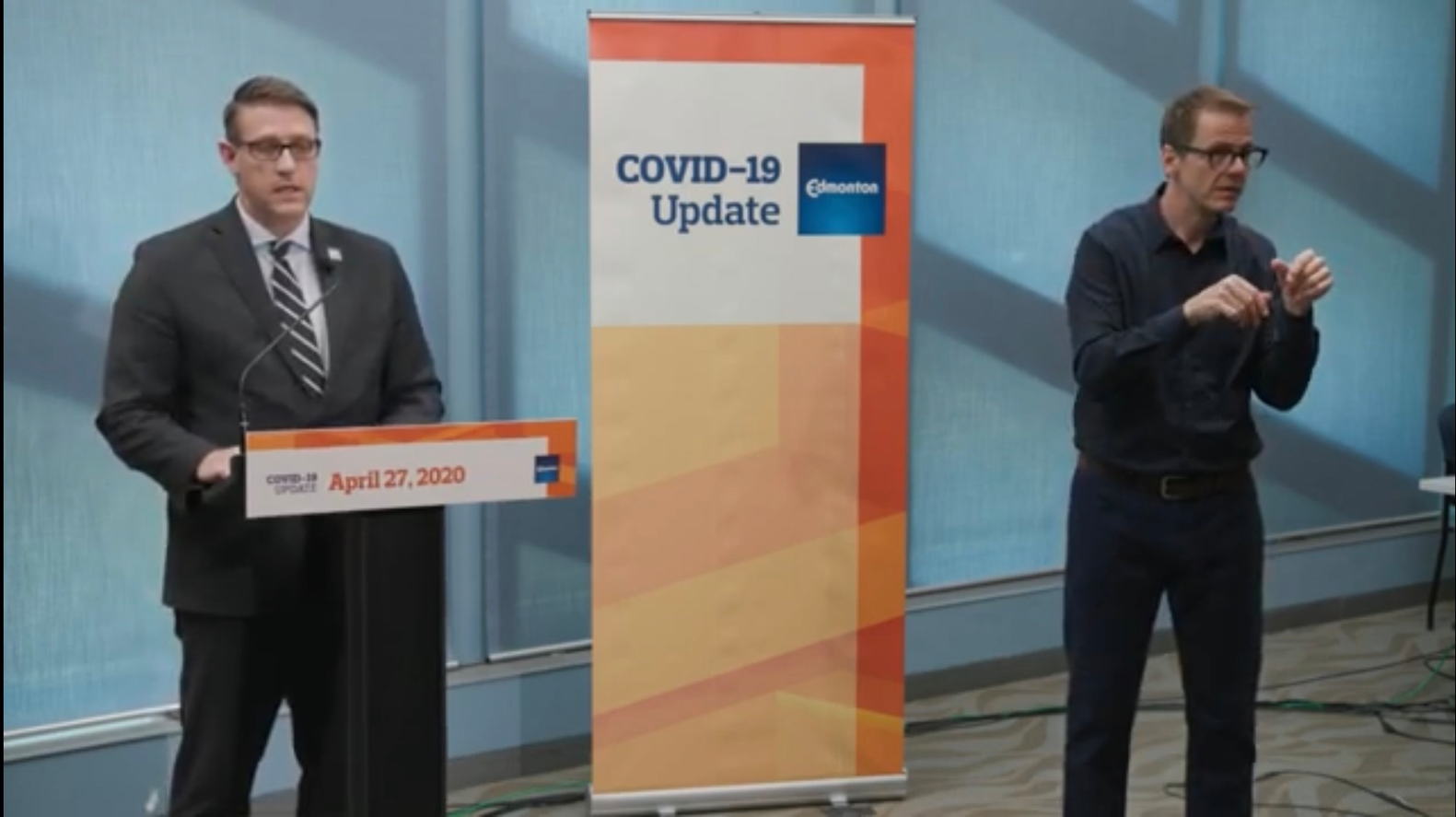 The city of Edmonton Interim City Manager Adam Laughlin speaks during an update on April 27, detailing the decision to layoff an additional 900 employees, nearly half of them transit operators.