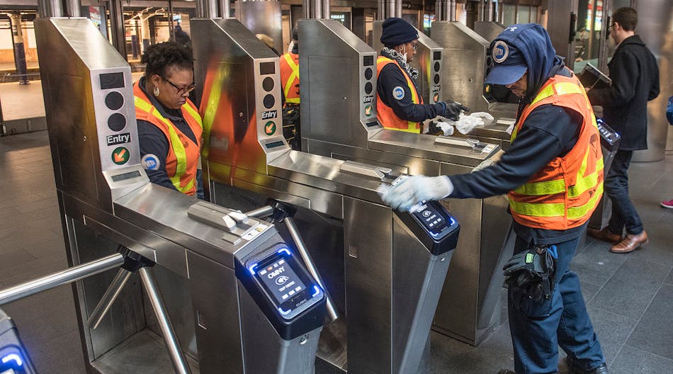 MTA cleaning crews at Fulton Center sanitizing high-touch surfaces in this March 12 photo.