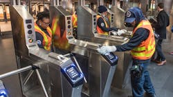 MTA cleaning crews at Fulton Center sanitizing high-touch surfaces in this March 12 photo. MTA cleaning crews at Fulton Center sanitizing high-touch surfaces in this March 12 photo.