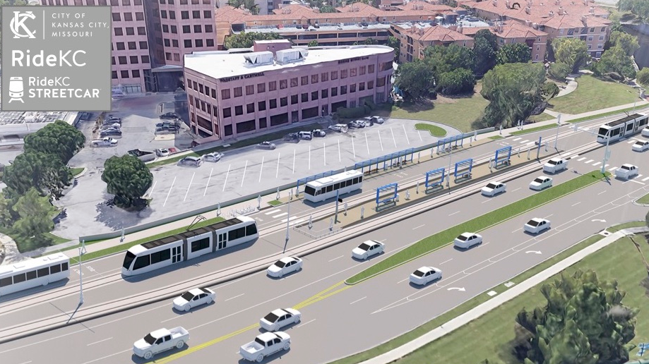 Rendering of KC Streetcar Main Street Extension, Country Club Plaza stop RideKC Transit Hub.