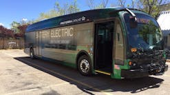 A Proterra electric bus makes a demonstration appearance at Transit&apos;s Yale Facility on April 18, 2019