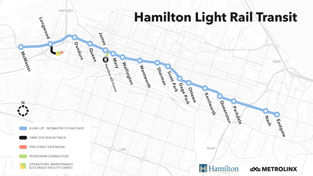 A map of the proposed Hamilton Light Rail project before it was cancelled by the province, which cited high costs associated with the project.