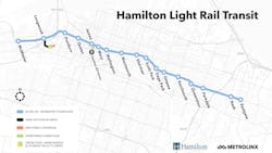 A map of the proposed Hamilton Light Rail project before it was cancelled by the province, which cited high costs associated with the project.