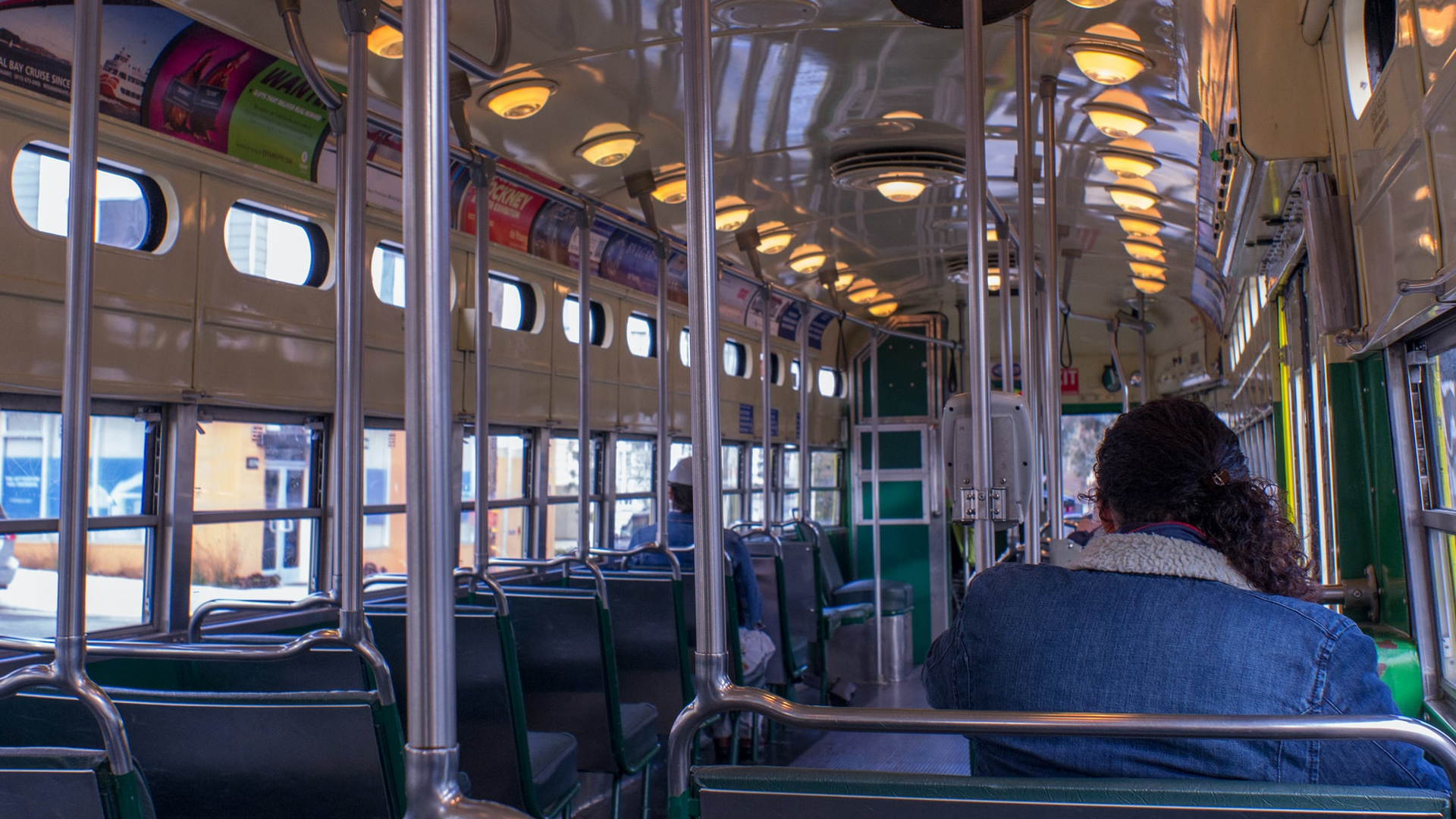 A transit vehicle in the San Francisco area carrying riders on essential trips.