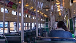 A transit vehicle in the San Francisco area carrying riders on essential trips. A transit vehicle in the San Francisco area carrying riders on essential trips.