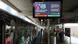 A CTA public service notification about wearing face coverings is displayed at the Roosevelt station, May 14, 2020. A CTA public service notification about wearing face coverings is displayed at the Roosevelt station, May 14, 2020.