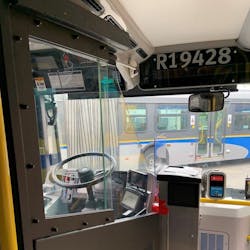 Plexiglass shields have been installed on conventional buses equipped with traditional barriers. Plexiglass shields have been installed on conventional buses equipped with traditional barriers.
