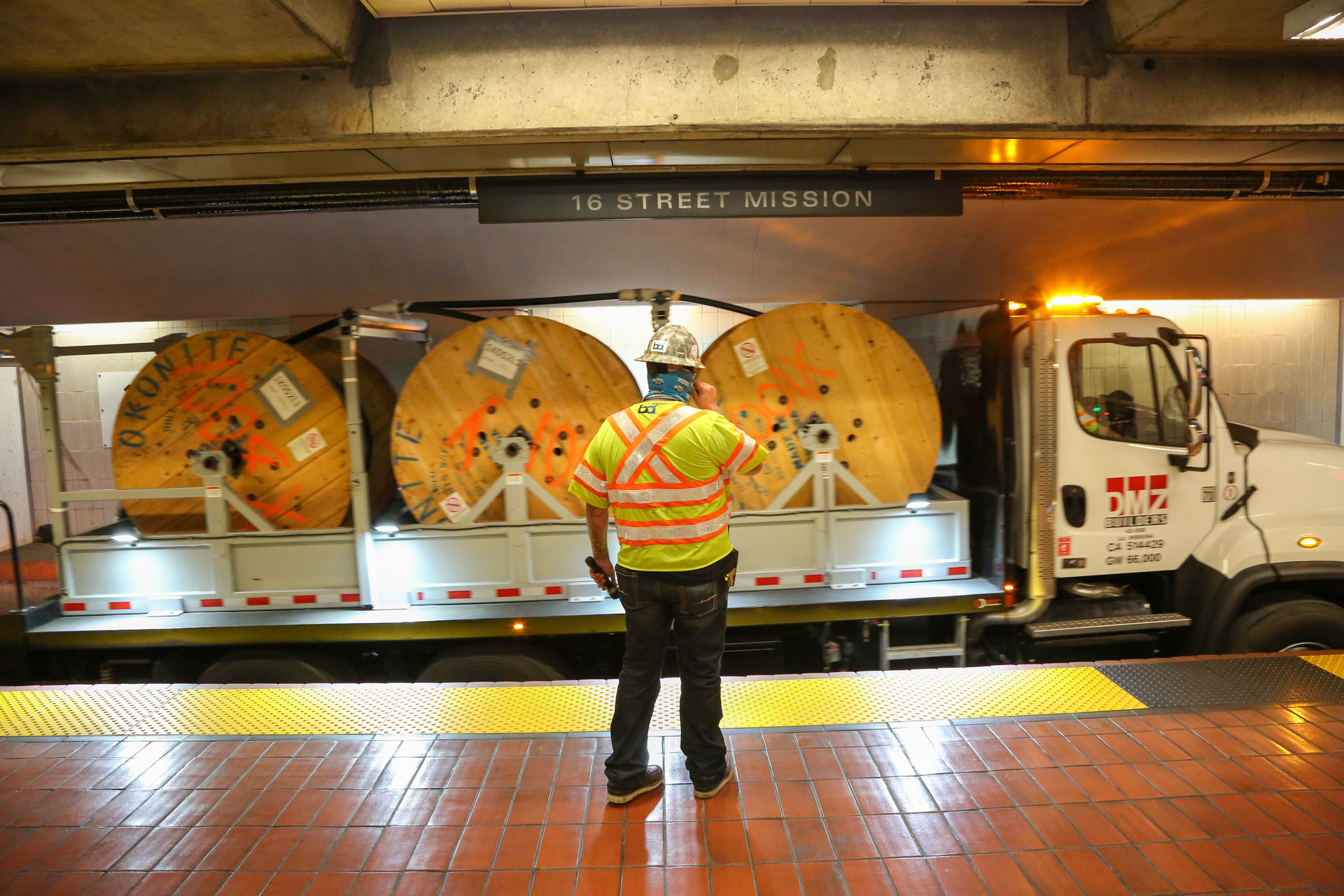 Cable rail truck transports 3,000 feet of cable.