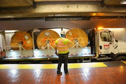 Cable rail truck transports 3,000 feet of cable. Cable rail truck transports 3,000 feet of cable.