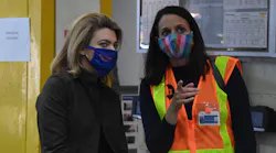 Interim President of NYC Transit Sarah Feinberg and Senior Vice President of Subways Sally Librera watch a demonstration of UV disinfecting technology at the Corona Maintenance Facility on May 19, 2020.