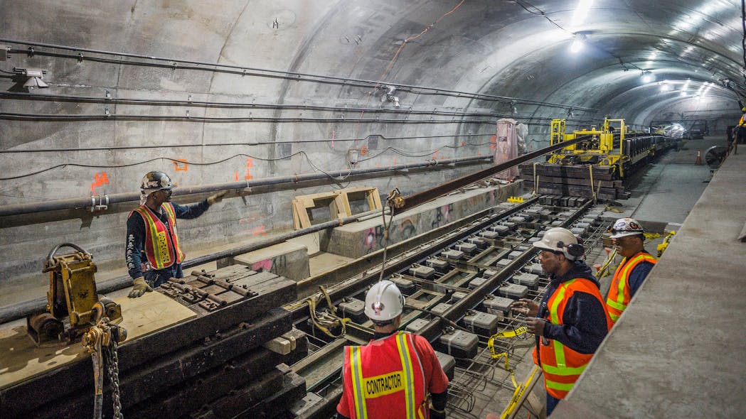 In this 2015 image, the first work train rides over new tracks leading from the 63rd st station on the Second Avenue Subway Project.