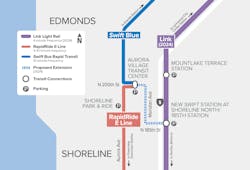 The proposed alignment via 200th St., Meridian Ave., and 185th St. would continue to utilize the Aurora Village Transit Center on its way to connect to light rail. The proposed alignment via 200th St., Meridian Ave., and 185th St. would continue to utilize the Aurora Village Transit Center on its way to connect to light rail.