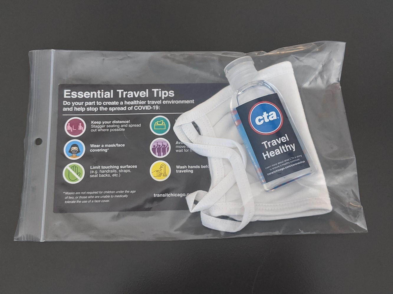 CTA's Travel Healthy kit includes hand sanitizer, reusable mask and travel safety tips.