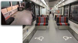 Inset, the inside of a light-rail car during the retrofit process and the finished product with clear markings and more space to accommodate mobility devices.