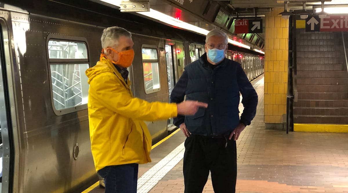 MTA Chairman and CEO Patrick J. Foye, right, and MTA Chief Safety Officer Patrick Warren observe the sixth night of overnight subway disinfecting and cleaning, and homeless services outreach, at Jamaica Center-Parsons / Archer station on Monday, May 11, 2020.