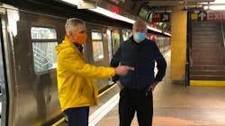 MTA Chairman and CEO Patrick J. Foye, right, and MTA Chief Safety Officer Patrick Warren observe the sixth night of overnight subway disinfecting and cleaning, and homeless services outreach, at Jamaica Center-Parsons / Archer station on Monday, May 11, 2020. MTA Chairman and CEO Patrick J. Foye, right, and MTA Chief Safety Officer Patrick Warren observe the sixth night of overnight subway disinfecting and cleaning, and homeless services outreach, at Jamaica Center-Parsons / Archer station on Monday, May 11, 2020.