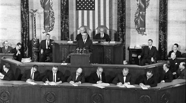 In his 1964 State of the Union speech, President Johnson said, &apos;Every American community will benefit from the construction or modernization of schools, libraries, hospitals, and nursing homes, from the training of more nurses and from the improvement of urban renewal in public transit.&apos;