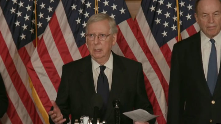 Sen. Mitch McConnell speaks during the evening of July 27 following the release of the Senate GOP's HEALS Act COVID-19 stimulus proposal.