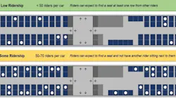 Low ridership is designated with green and some ridership is designated with yellow.