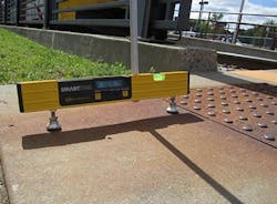Digital leveler shows the slope of an access approaching the 38th Street light-rail station violates ADA standards. Digital leveler shows the slope of an access approaching the 38th Street light-rail station violates ADA standards.