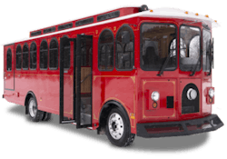 The electric trolley is designed to hold enough battery for eight hours of service. The electric trolley is designed to hold enough battery for eight hours of service.