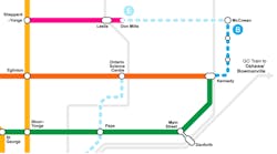 The bright blue dotted line maps out the three-top Scarborough Subway Extension.