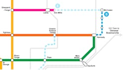 The bright blue dotted line maps out the three-top Scarborough Subway Extension.