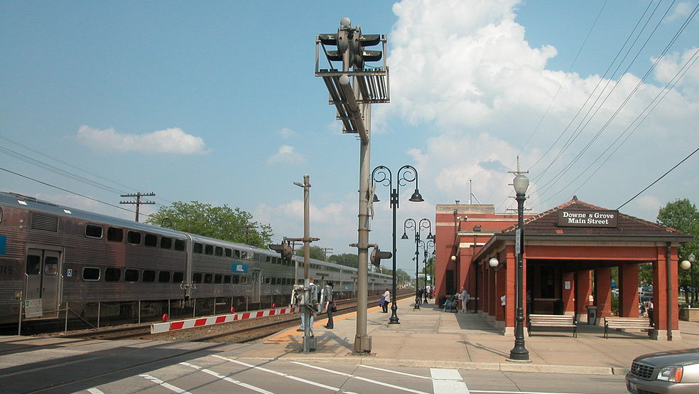 A Metra train at the Downers Grove Main Street station.