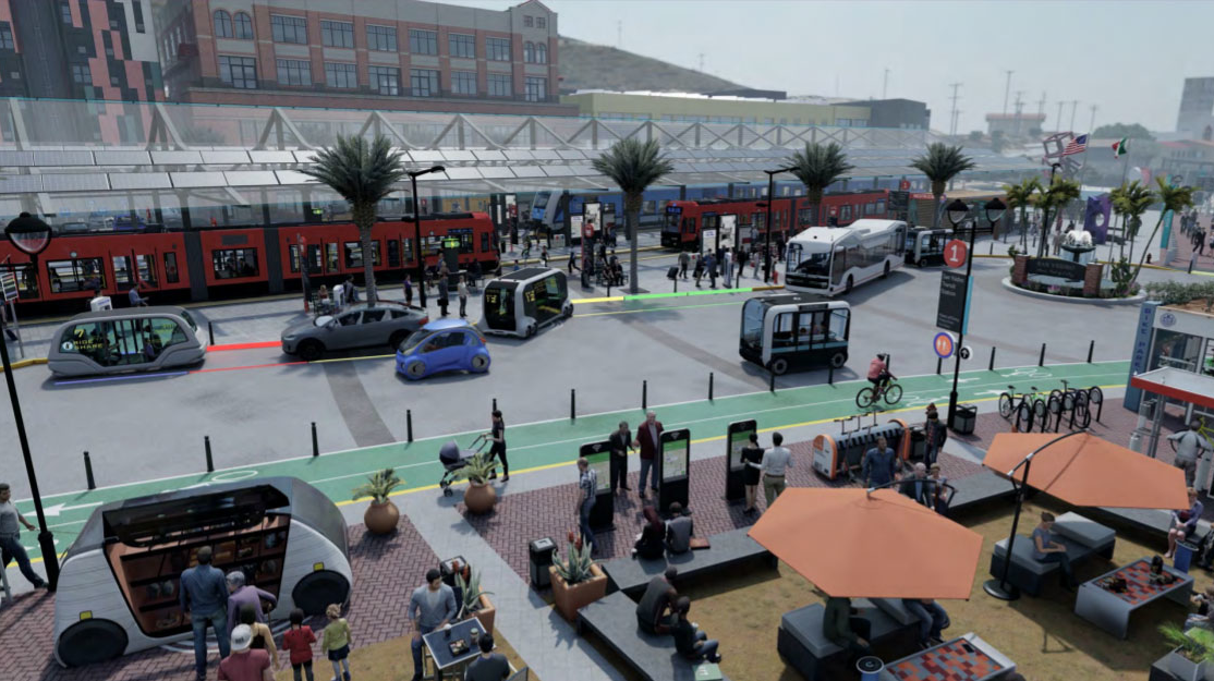 A rendering of San Ysidro Transit Center incorporating elements of SANDAG's vision for mobility.
