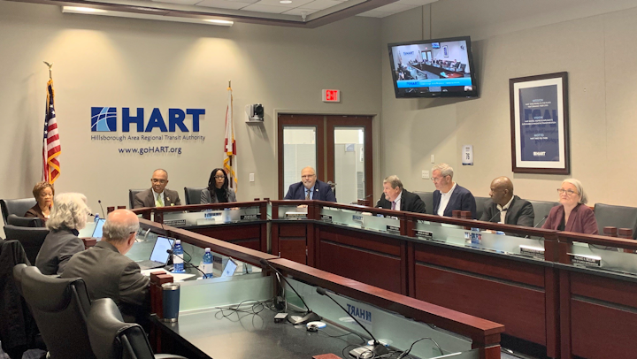 Members of the Hillsborough Area Regional Transit Authority discuss business during a February board meeting.